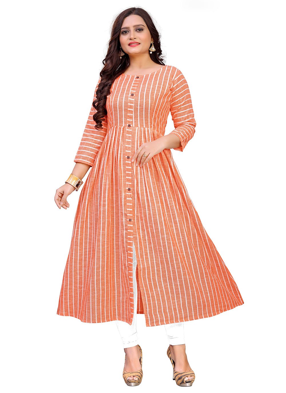 Gown Cotton Peach Strips Print Gown