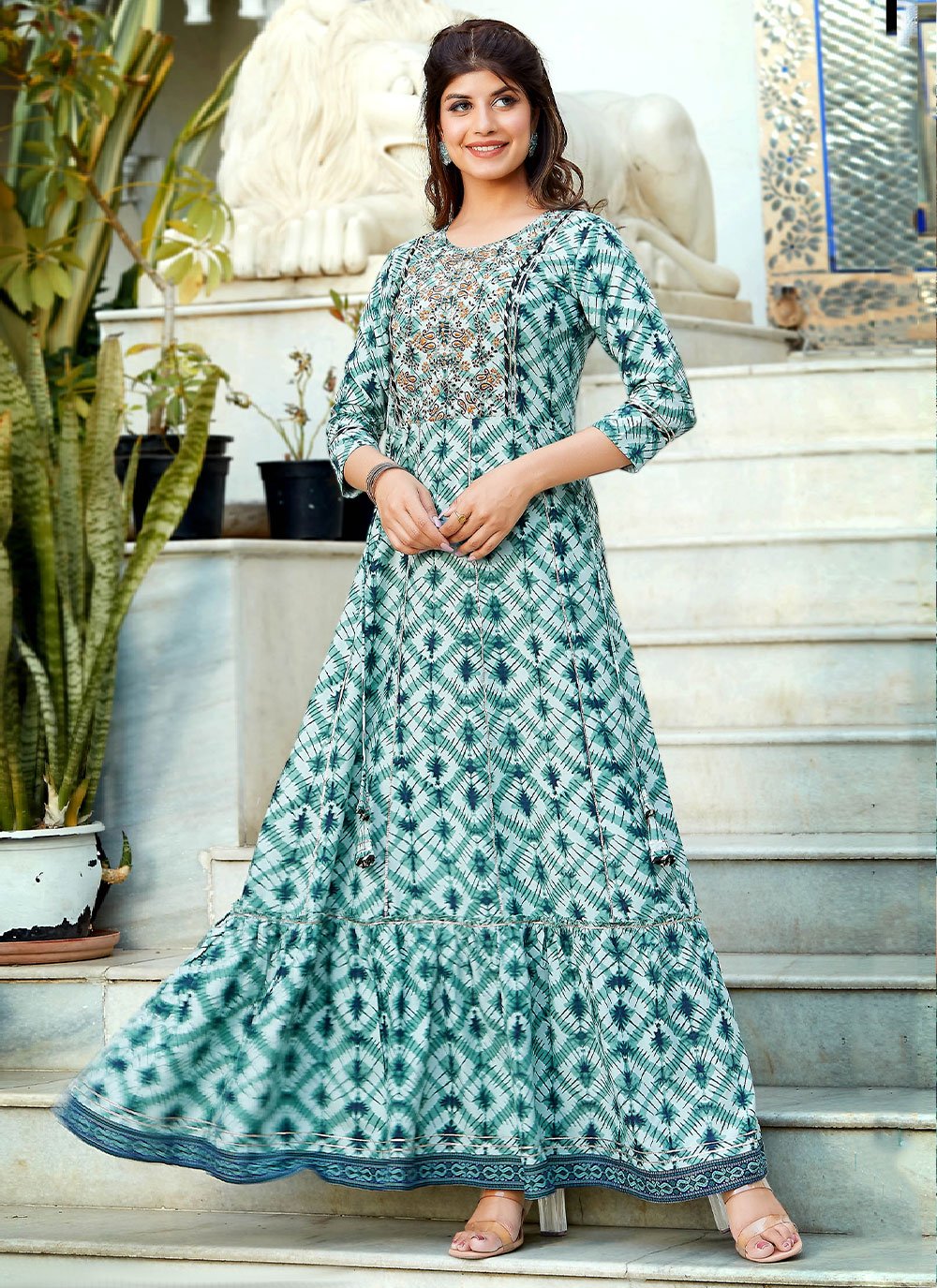 Gown Rayon Green Embroidered Gown