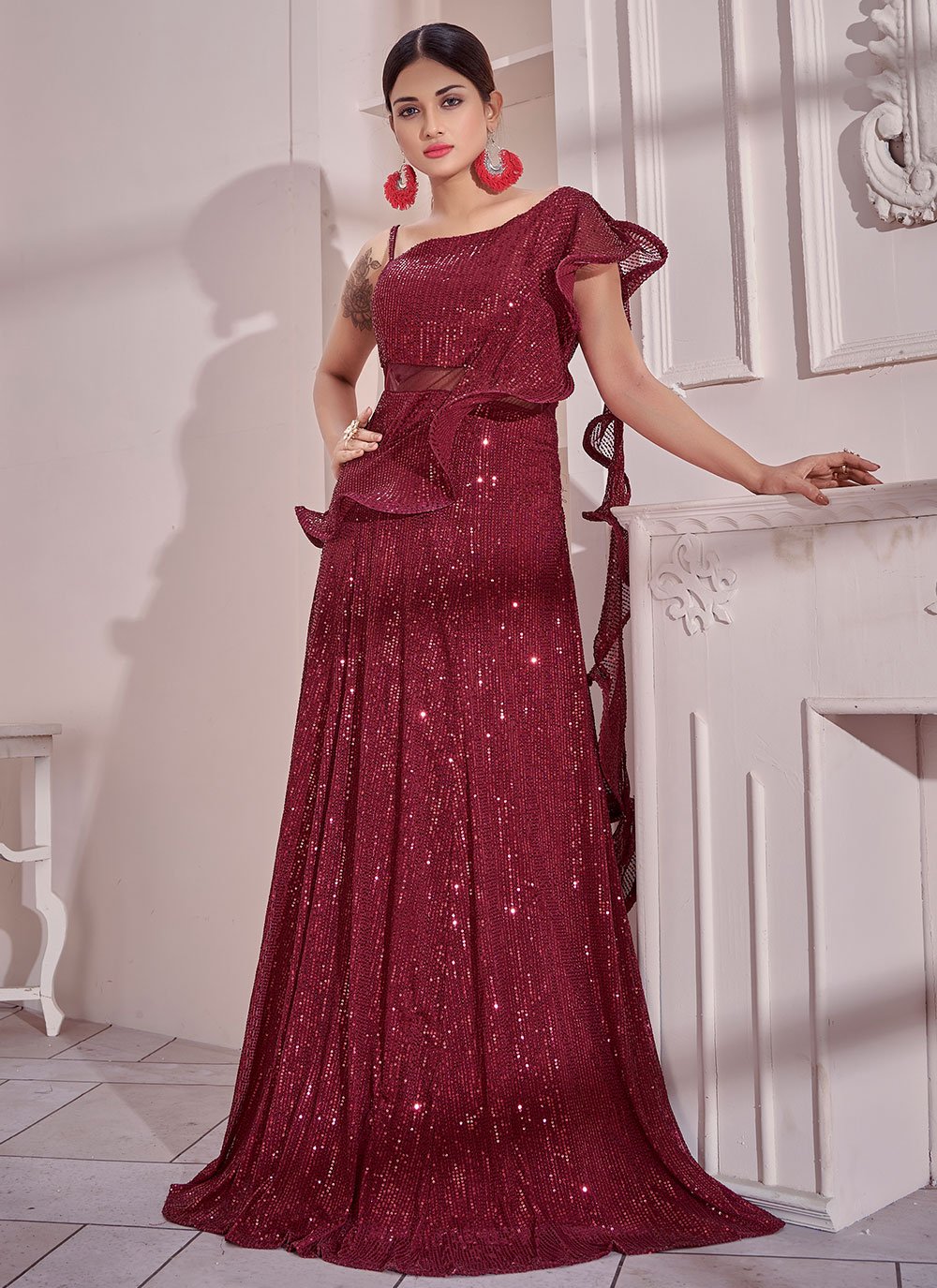 Gown Imported Maroon Sequins Gown
