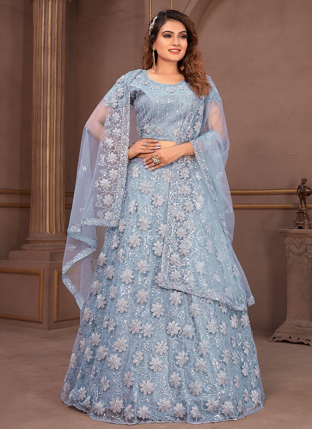 Readymade Lehenga Choli Net Aqua Blue Cord Work Lehenga Choli