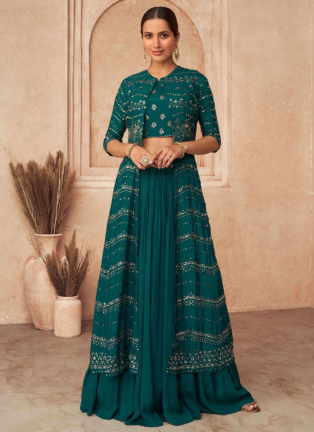 Readymade Lehenga Choli Chinon Georgette Green Embroidered Lehenga Choli