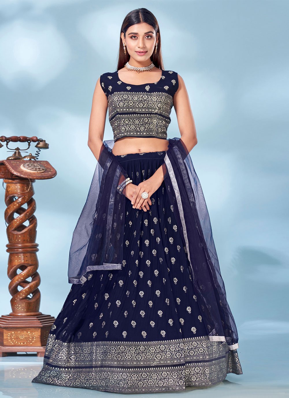 Readymade Lehenga Choli Chinon Blue Foil Print Lehenga Choli