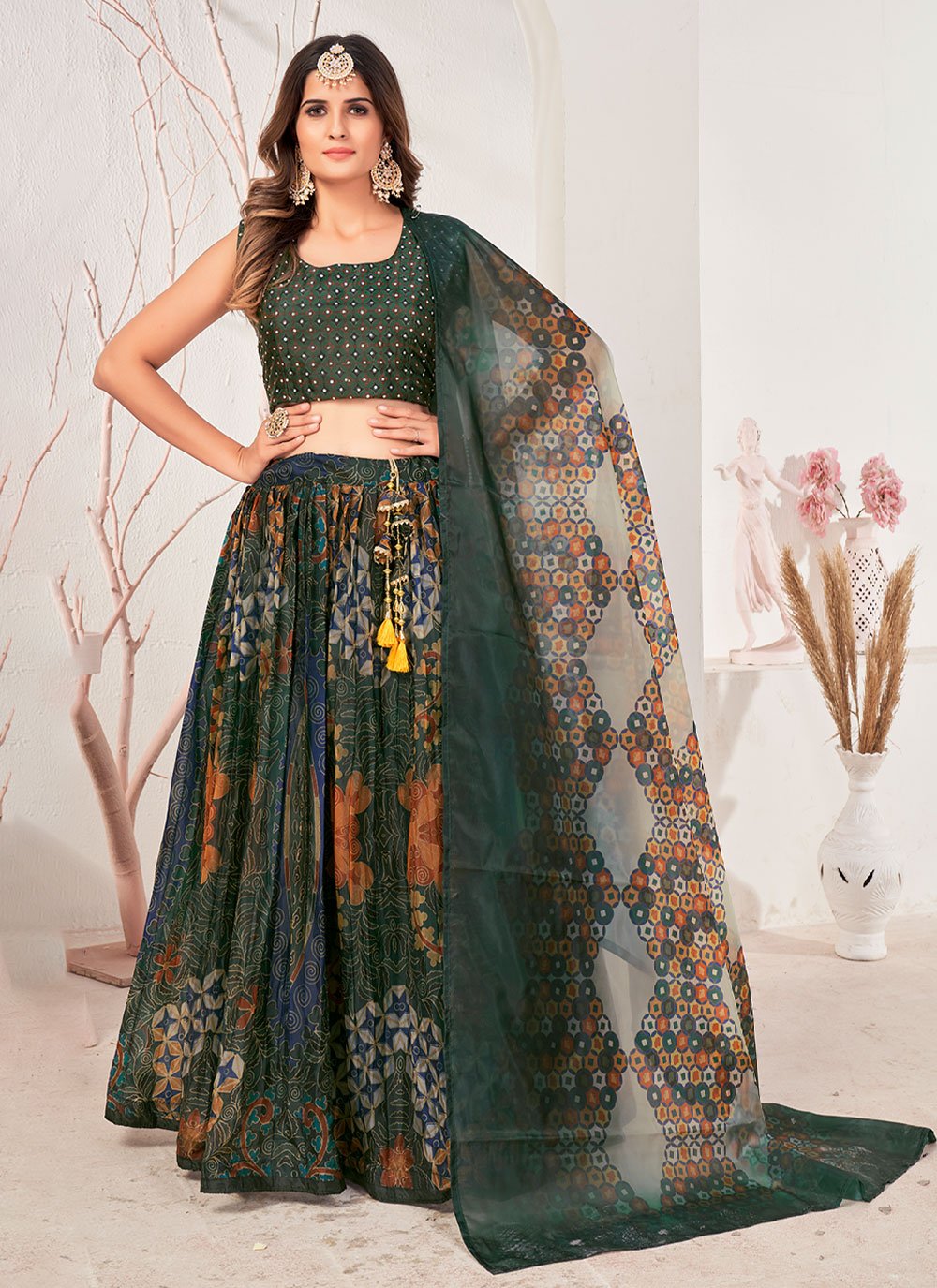 Readymade Lehenga Choli Organza Green Print Lehenga Choli