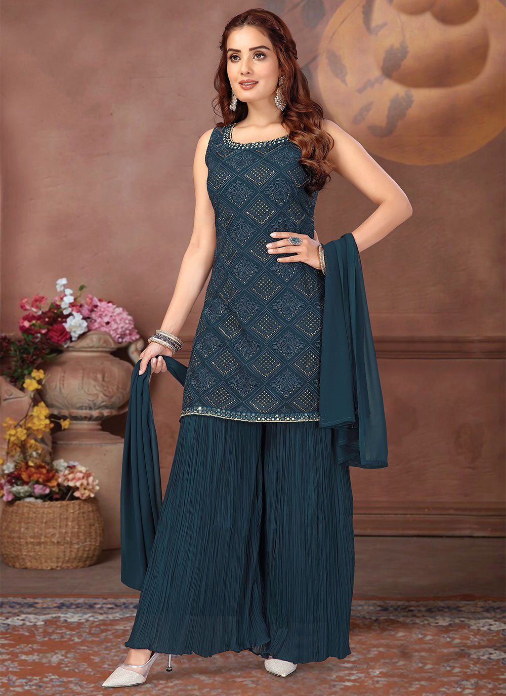 Salwar Suit Georgette Teal Embroidered Salwar Kameez