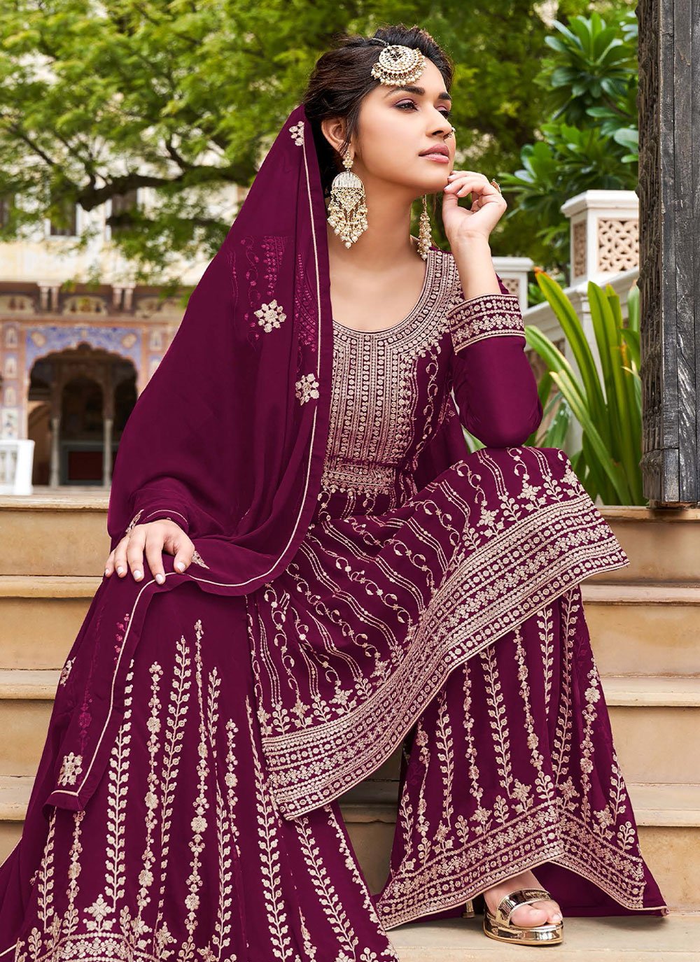 Salwar Suit Georgette Wine Embroidered Salwar Kameez