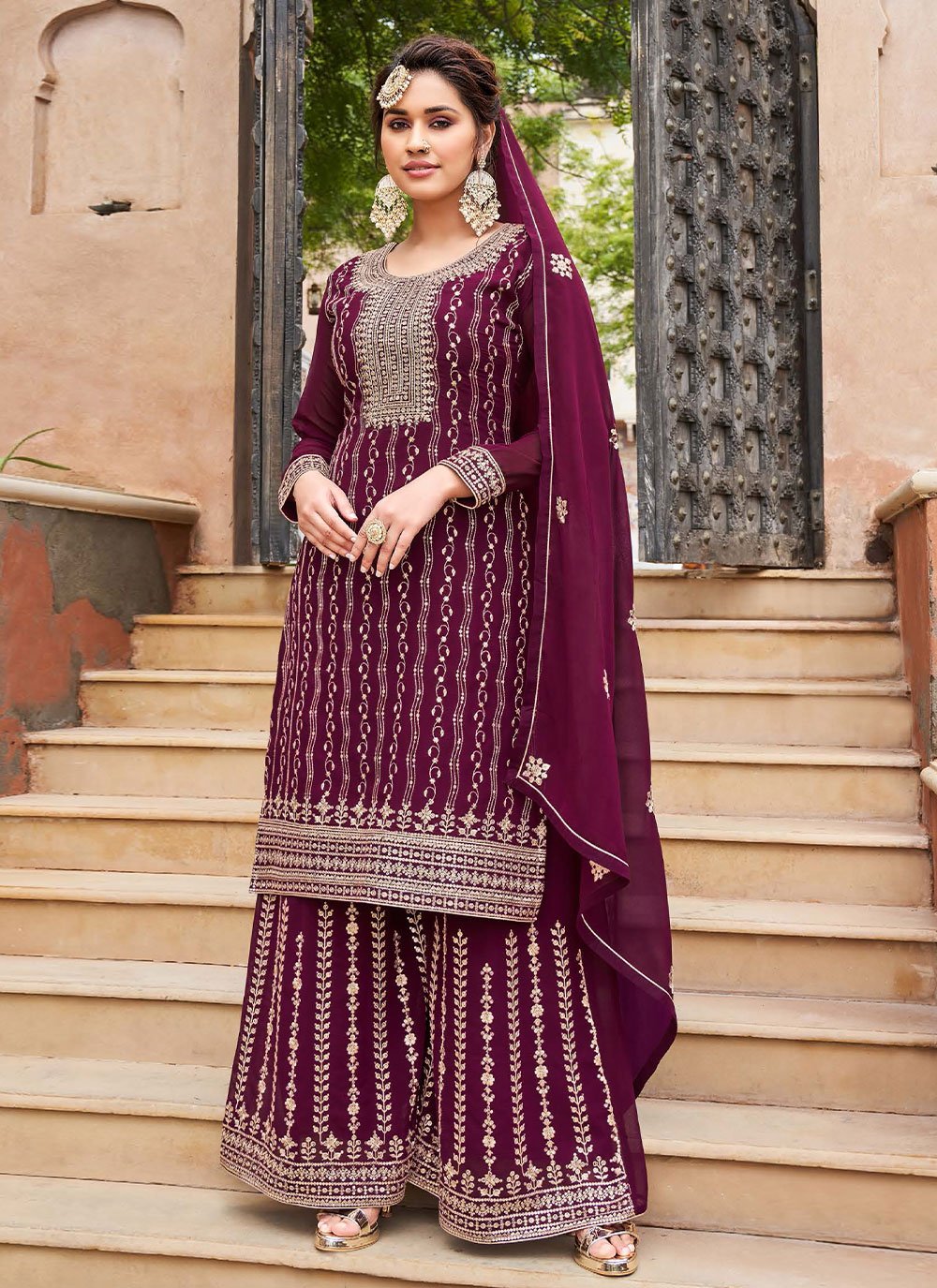 Salwar Suit Georgette Wine Embroidered Salwar Kameez