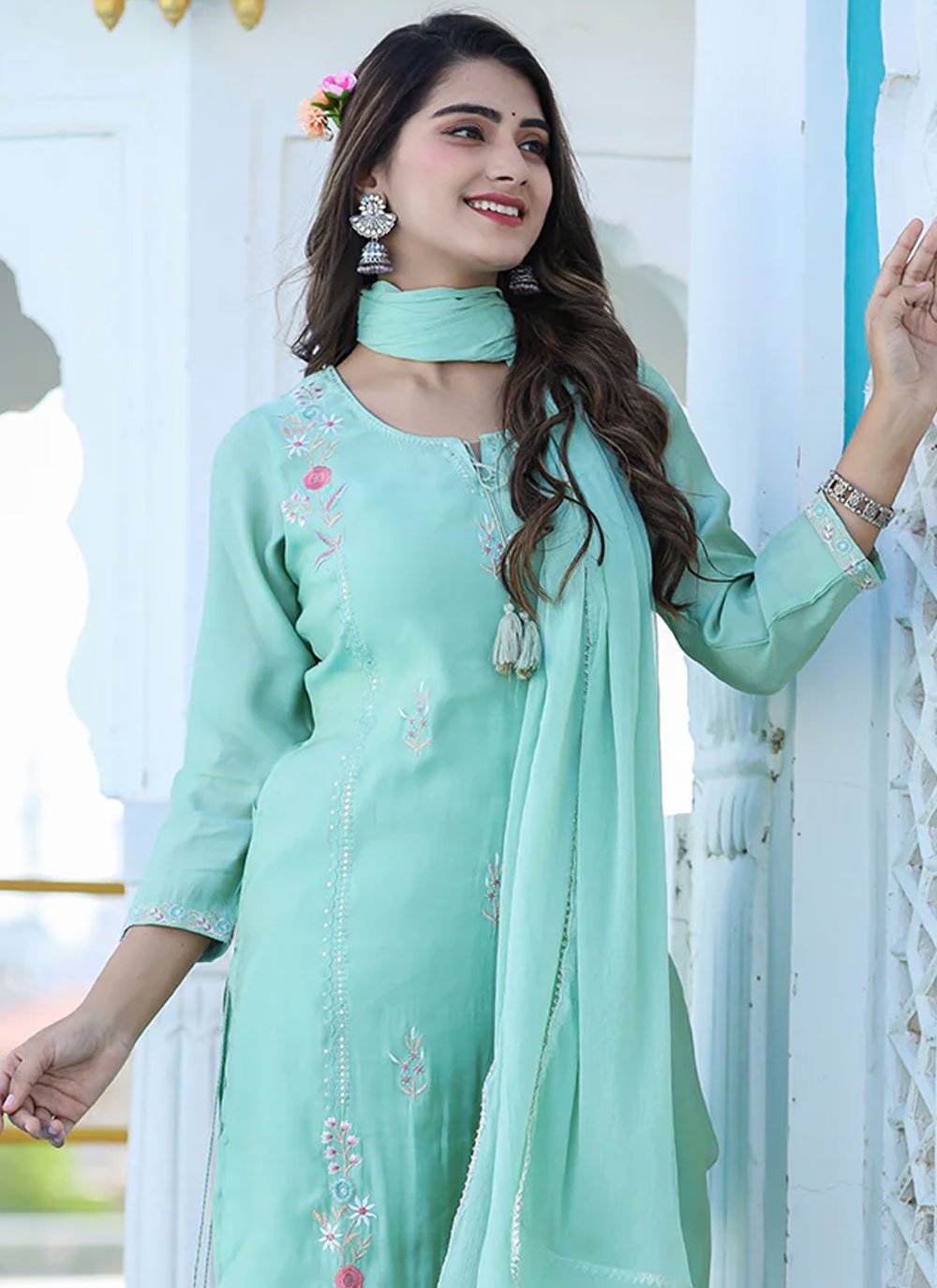 Salwar Suit Silk Turquoise Embroidered Salwar Kameez