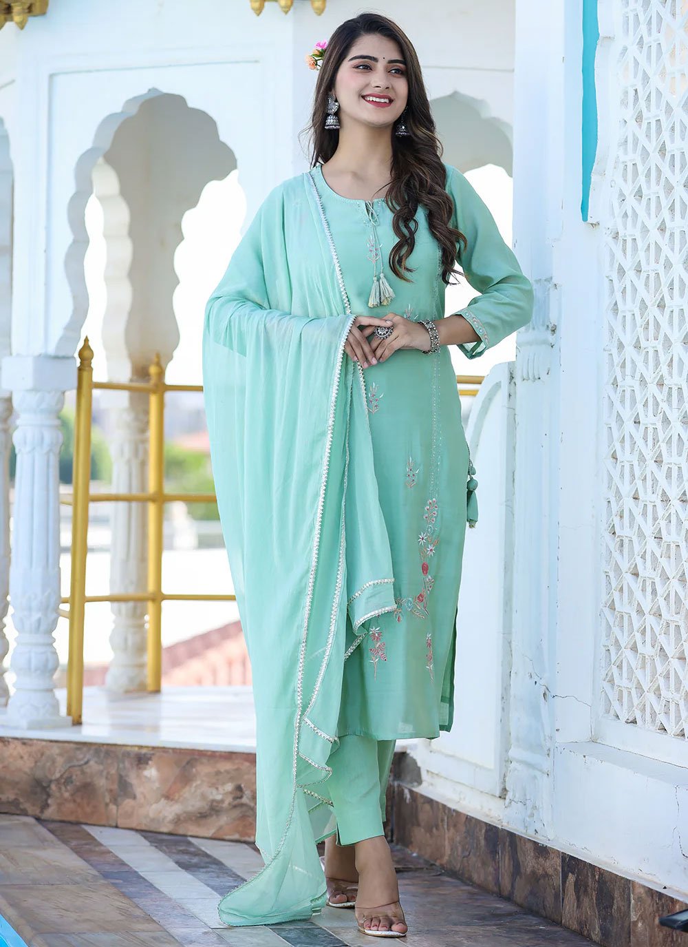 Salwar Suit Silk Turquoise Embroidered Salwar Kameez