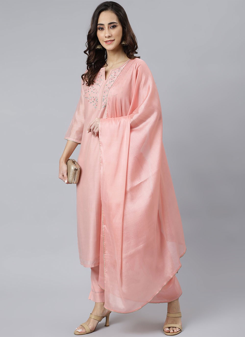 Salwar Suit Poly Silk Peach Plain Salwar Kameez