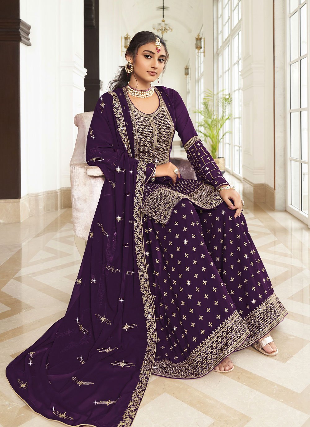 Salwar Suit Georgette Purple Embroidered Salwar Kameez