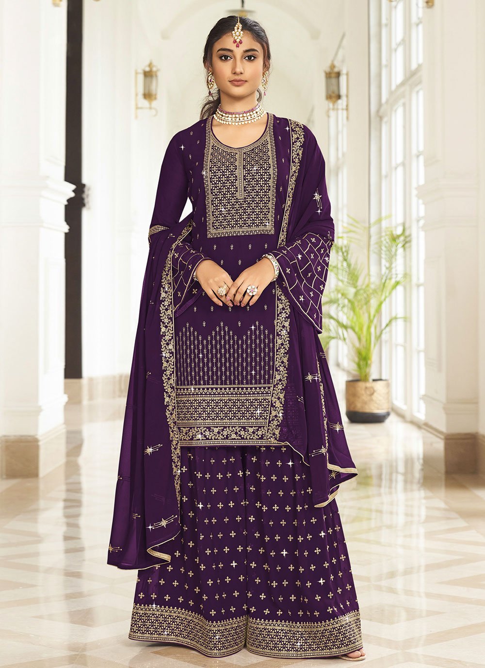 Salwar Suit Georgette Purple Embroidered Salwar Kameez