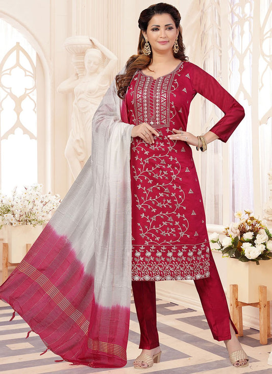 Salwar Suit Art Silk Red Embroidered Salwar Kameez