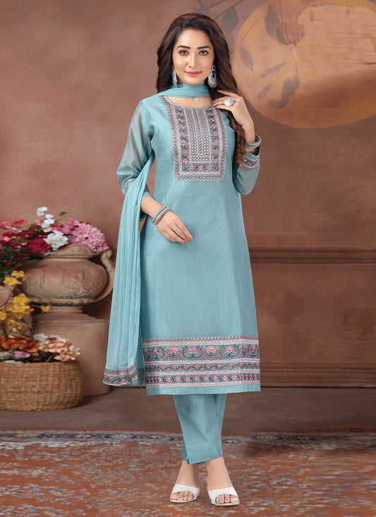 Salwar Suit Chanderi Silk Aqua Blue Embroidered Salwar Kameez