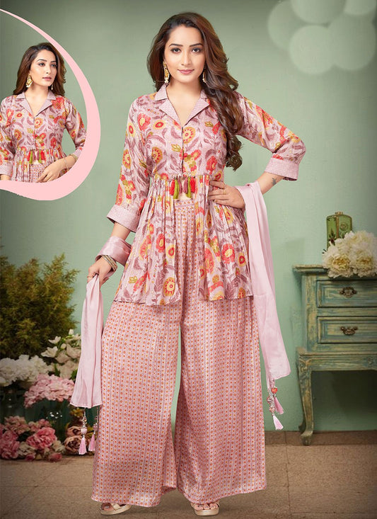 Salwar Suit Chinon Pink Floral Patch Salwar Kameez
