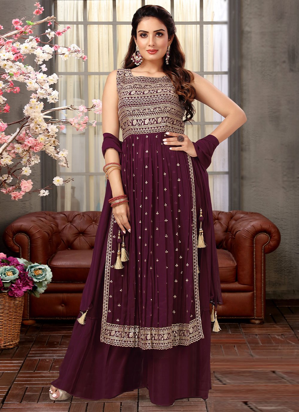 Salwar Suit Georgette Purple Embroidered Salwar Kameez