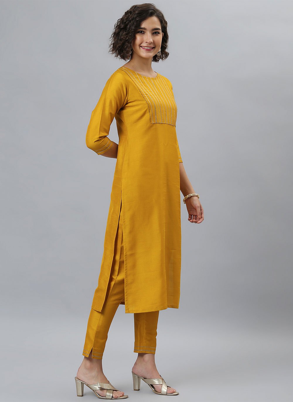 Salwar Suit Poly Silk Mustard Plain Salwar Kameez