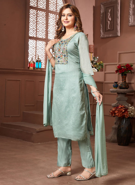 Salwar Suit Chanderi Silk Blue Embroidered Salwar Kameez