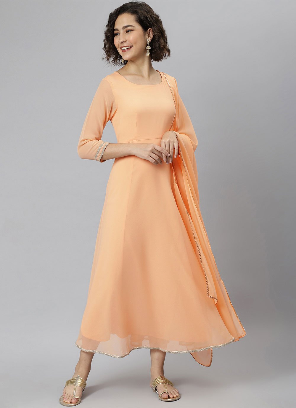 Readymade Style Georgette Orange Plain Salwar Kameez