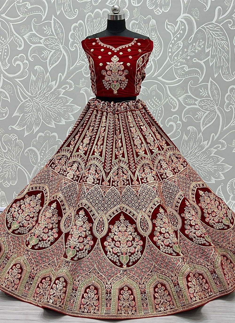 A Line Lehenga Velvet Red Diamond Lehenga Choli