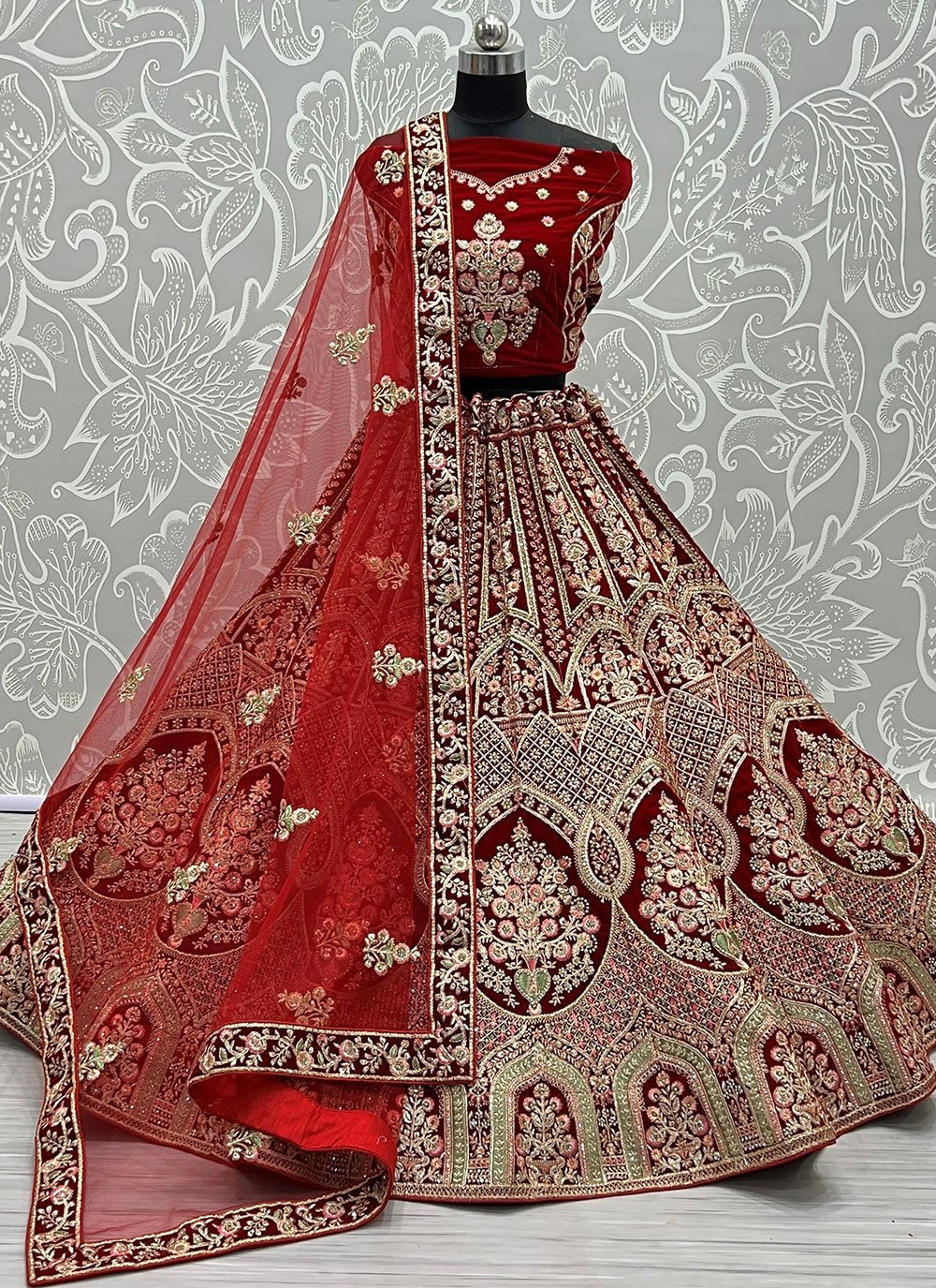 A Line Lehenga Velvet Red Diamond Lehenga Choli