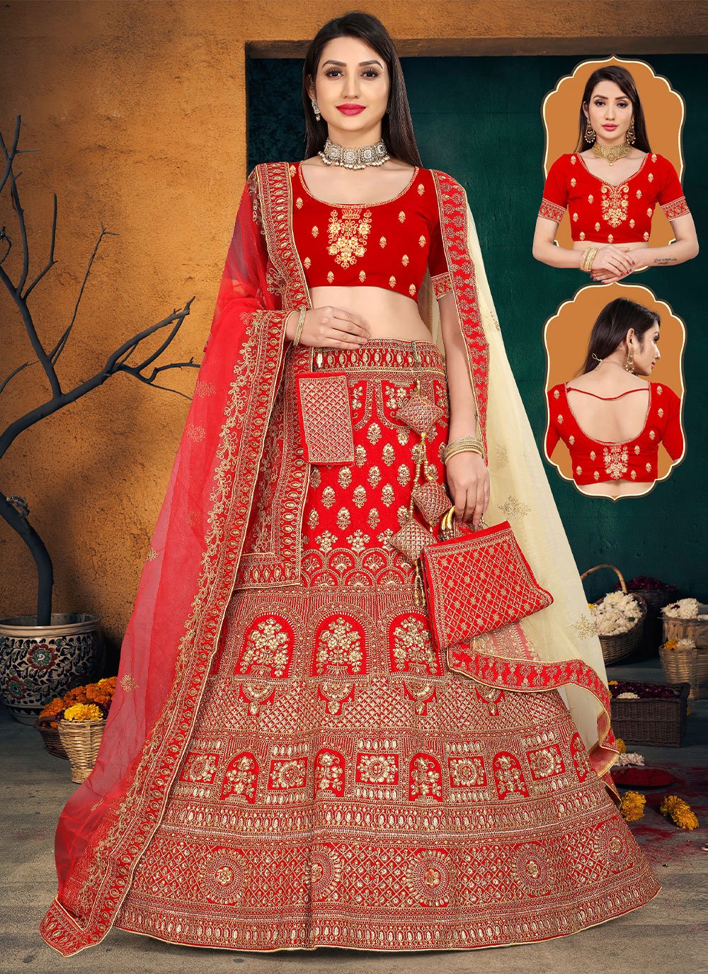 A Line Lehenga Velvet Red Aari Work Lehenga Choli