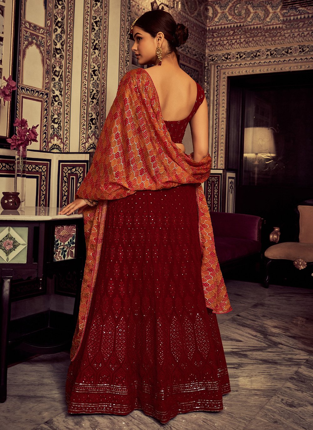 A Line Lehenga Georgette Red Sequins Lehenga Choli