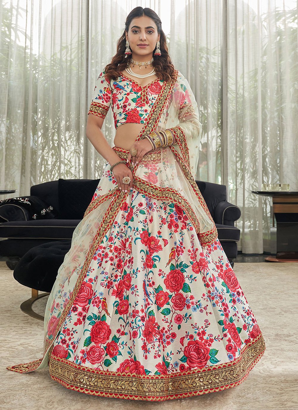 Lehenga Choli Art Silk Red White Digital Print Lehenga Choli