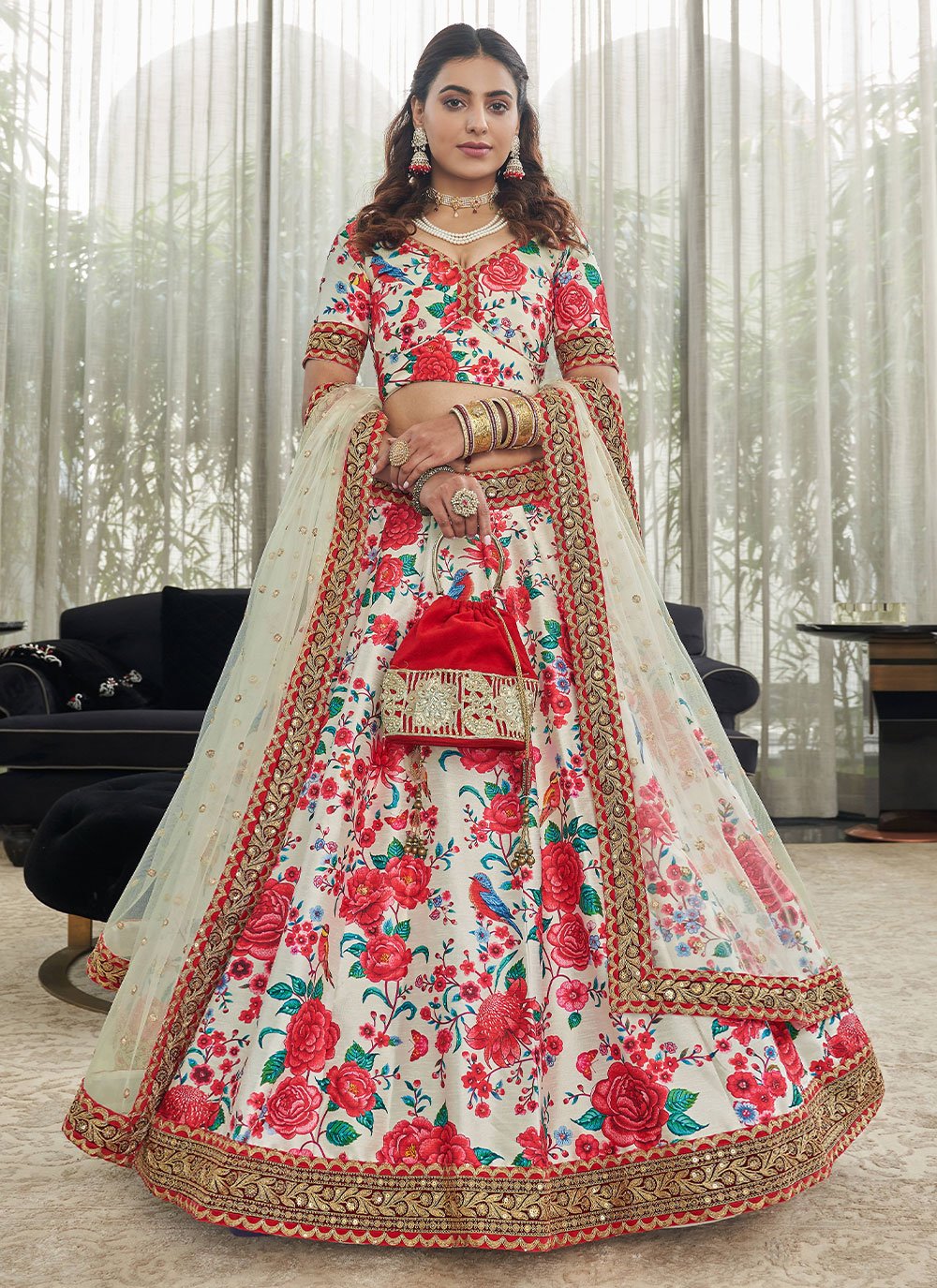 Lehenga Choli Art Silk Red White Digital Print Lehenga Choli