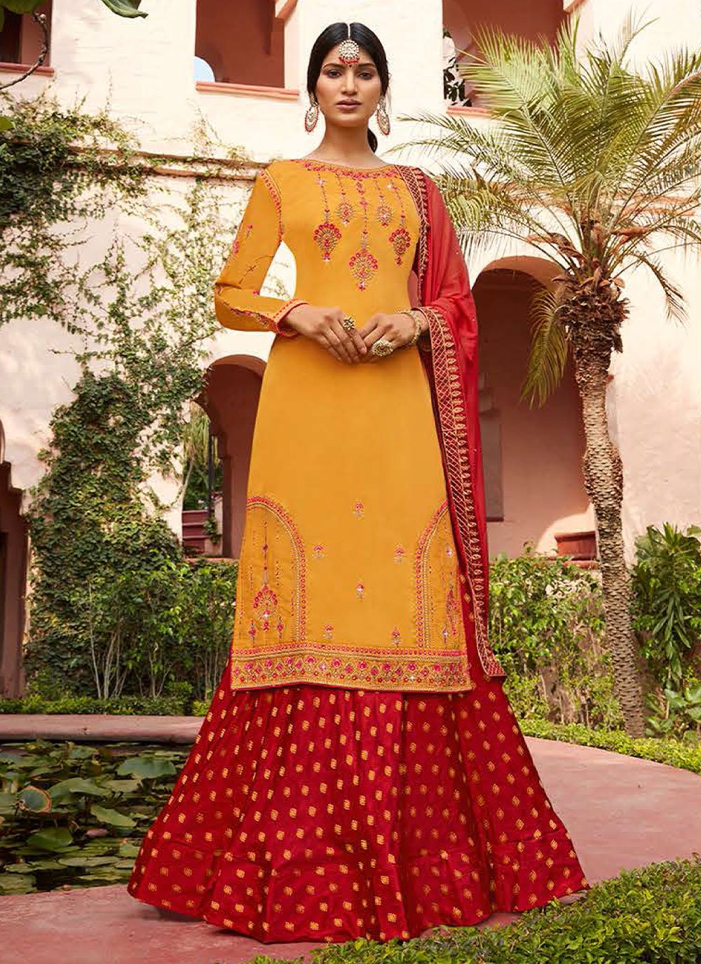 Lehenga Choli Georgette Satin Red Yellow Diamond Lehenga Choli