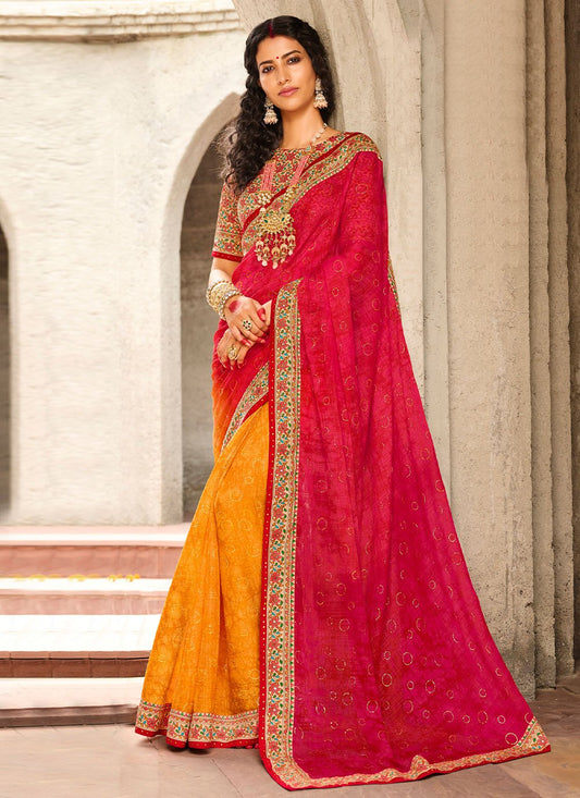 Classic Faux Chiffon Red Yellow Print Saree