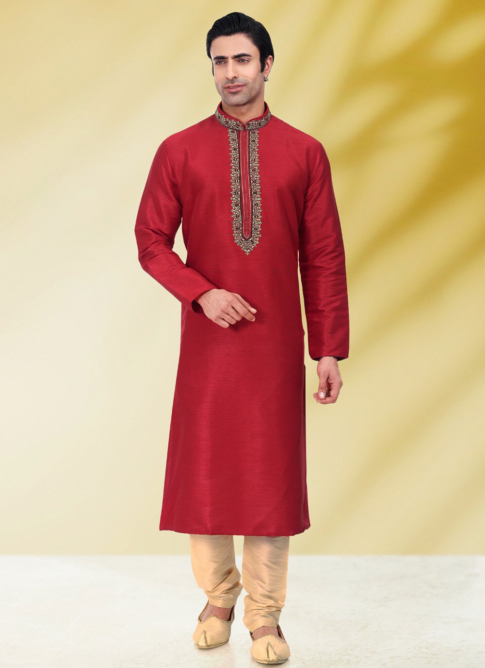 Kurta Pyjama Art Banarasi Silk Red Embroidered Mens