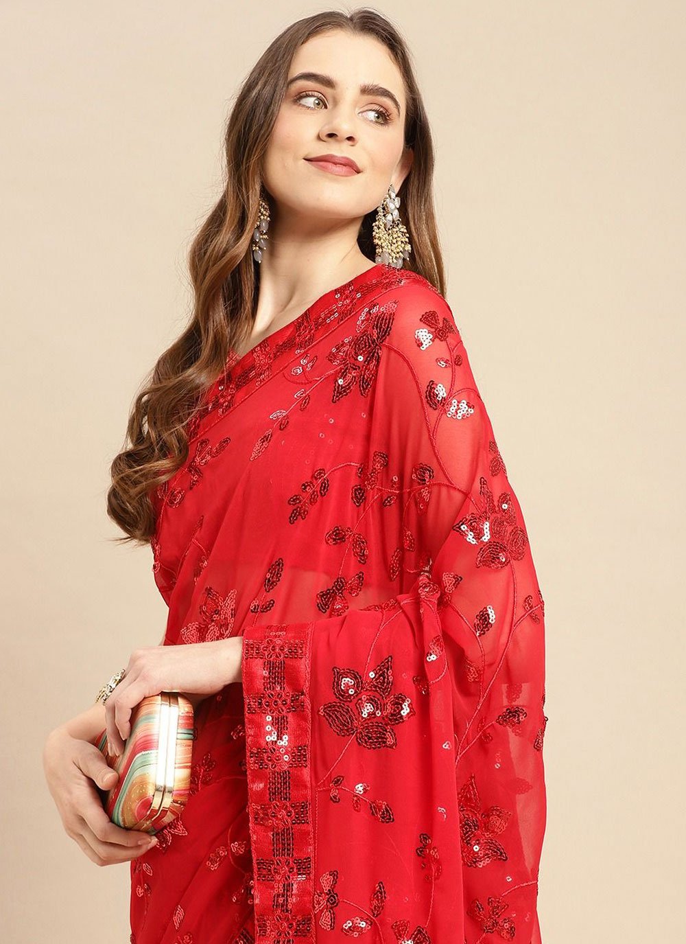 Classic Art Silk Red Embroidered Saree