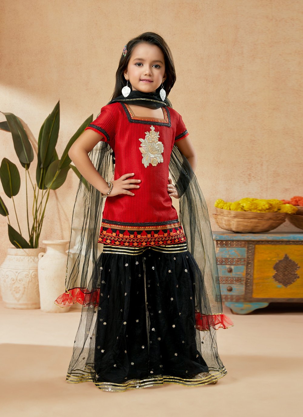 Sharara Set Art Silk Red Embroidered Kids