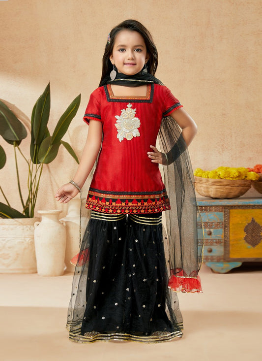 Sharara Set Art Silk Red Embroidered Kids