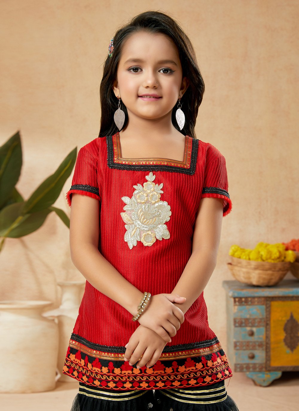 Sharara Set Art Silk Red Embroidered Kids