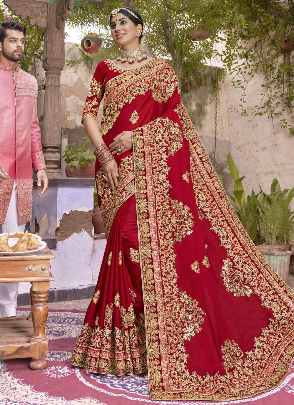 Contemporary Art Silk Red Embroidered Saree