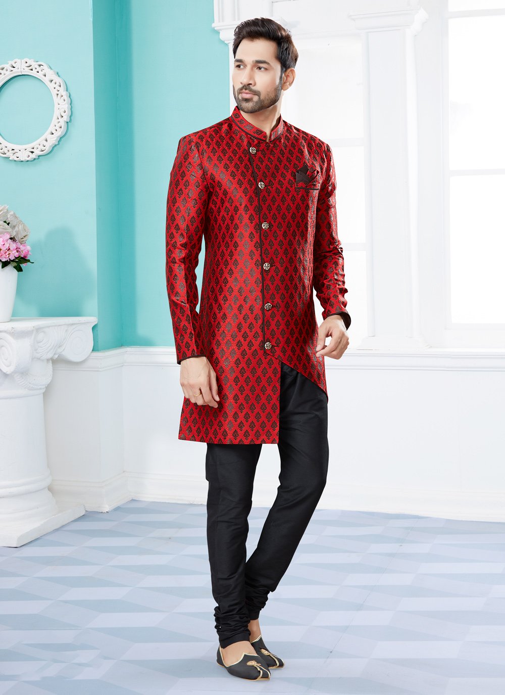 Indo Western Sherwani Banarasi Jacquard Red Embroidered Mens