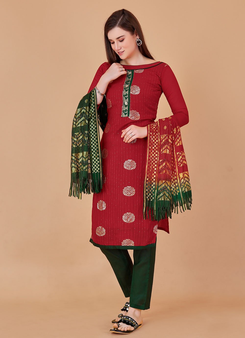 Salwar Suit Banarasi Silk Red Booti Salwar Kameez