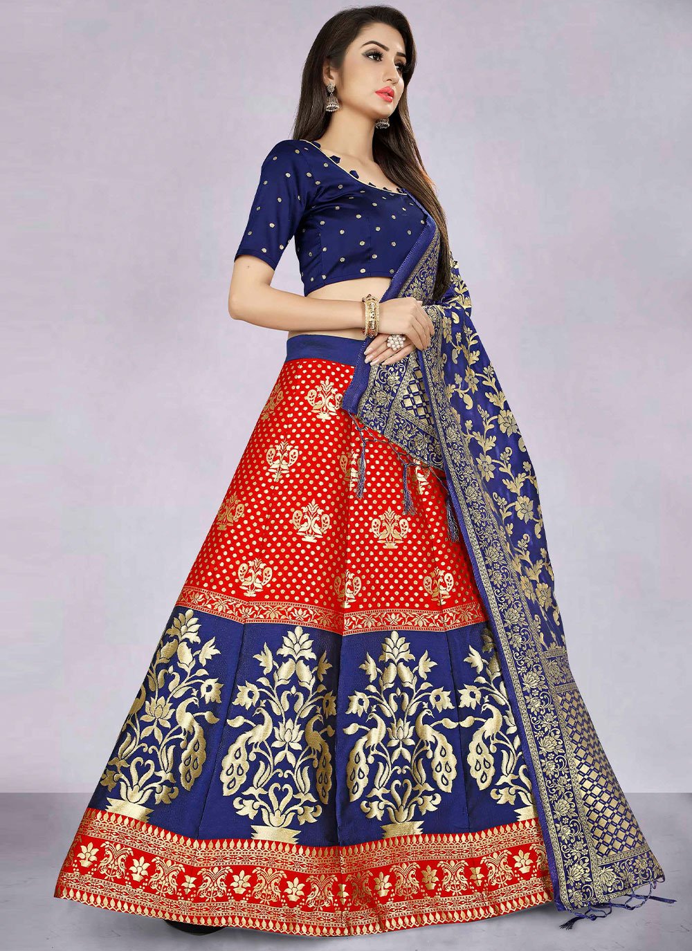 A Line Lehenga Banarasi Silk Jacquard Red Jacquard Work Lehenga Choli