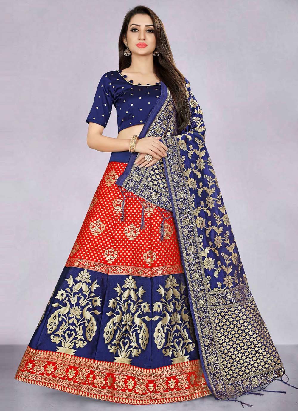 A Line Lehenga Banarasi Silk Jacquard Red Jacquard Work Lehenga Choli