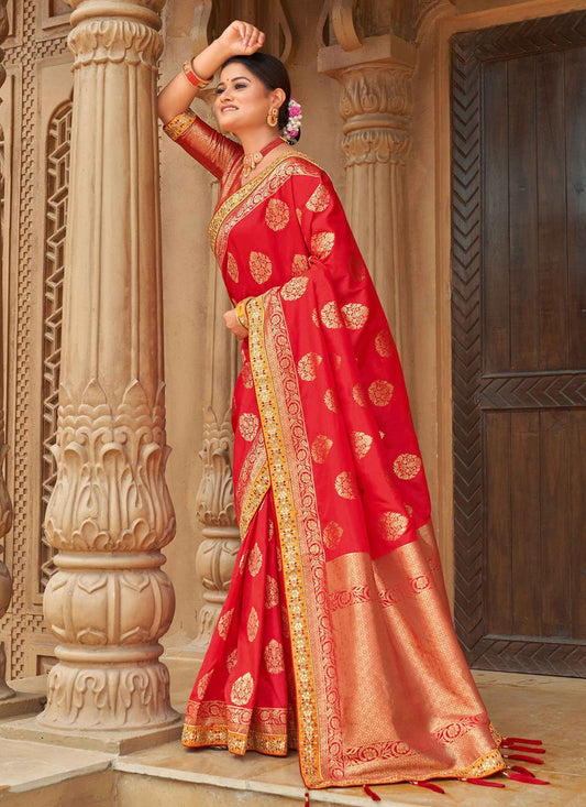 Contemporary Banarasi Silk Red Weaving Saree