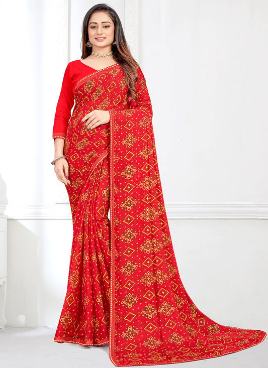 Classic Faux Crepe Red Bandhej Saree