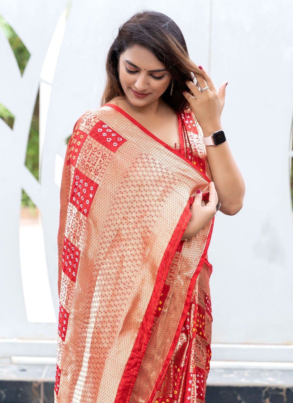 Traditional Saree Pure Silk Red Bandhej Saree