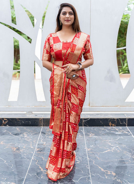 Traditional Saree Pure Silk Red Bandhej Saree