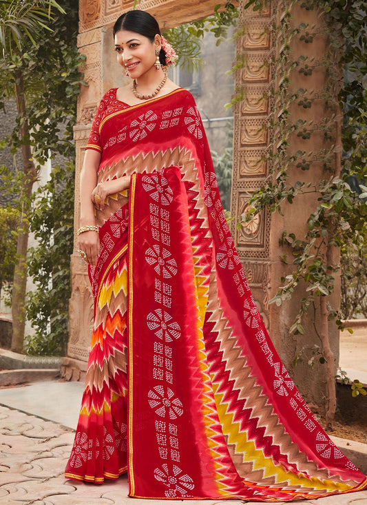 Contemporary Georgette Red Fancy Work Saree