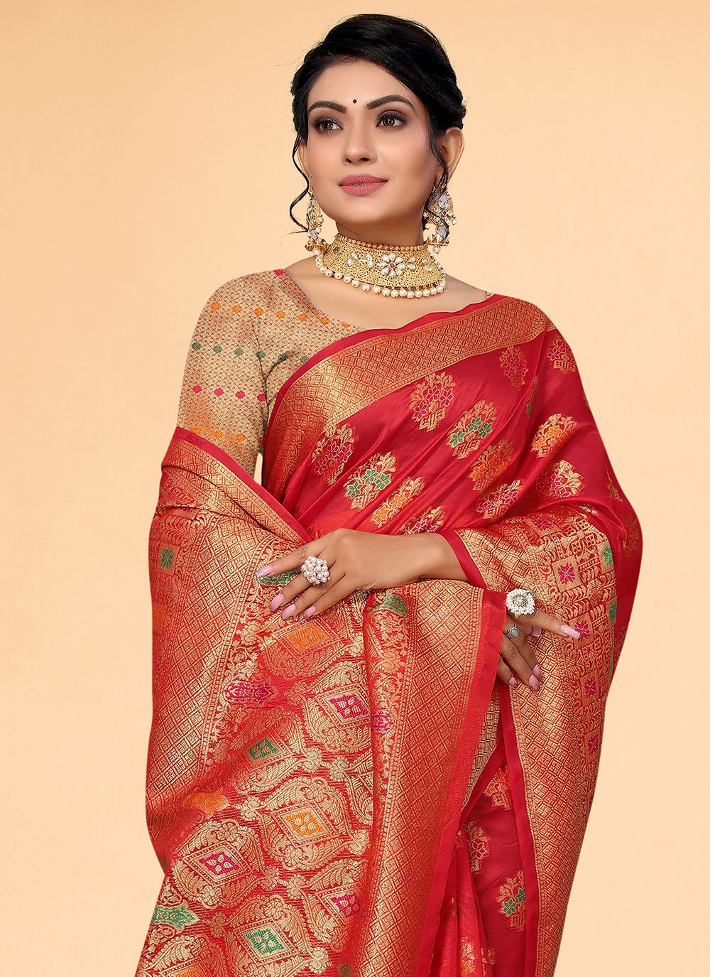 Trendy Saree Organza Red Patch Border Saree