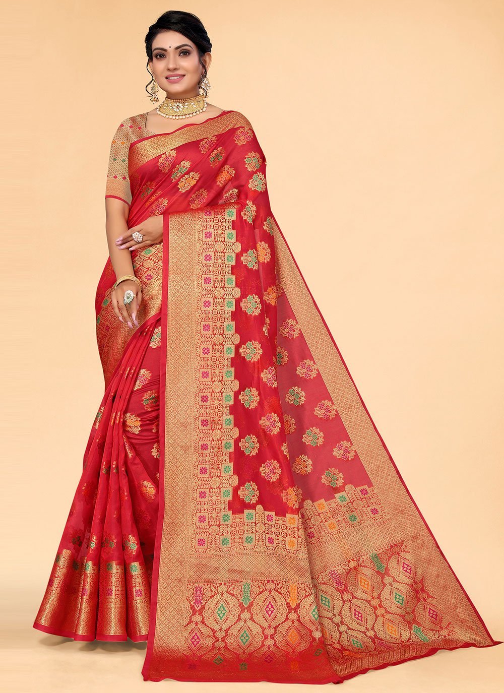 Trendy Saree Organza Red Patch Border Saree