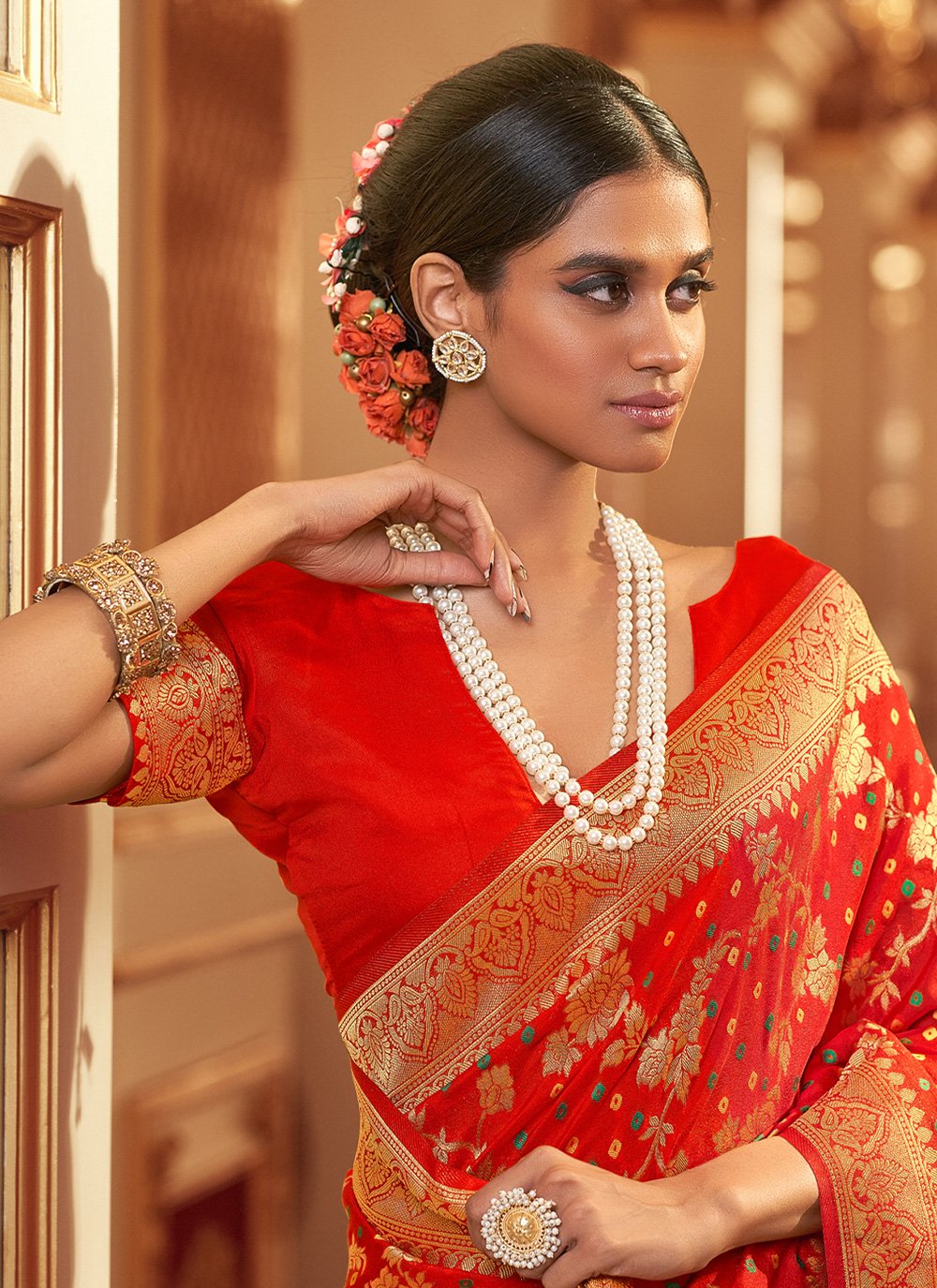 Trendy Saree Chiffon Red Jacquard Work Saree