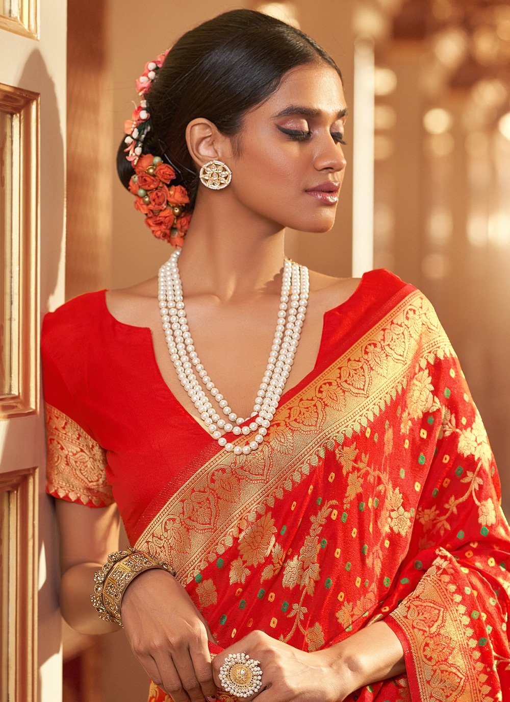 Trendy Saree Chiffon Red Jacquard Work Saree