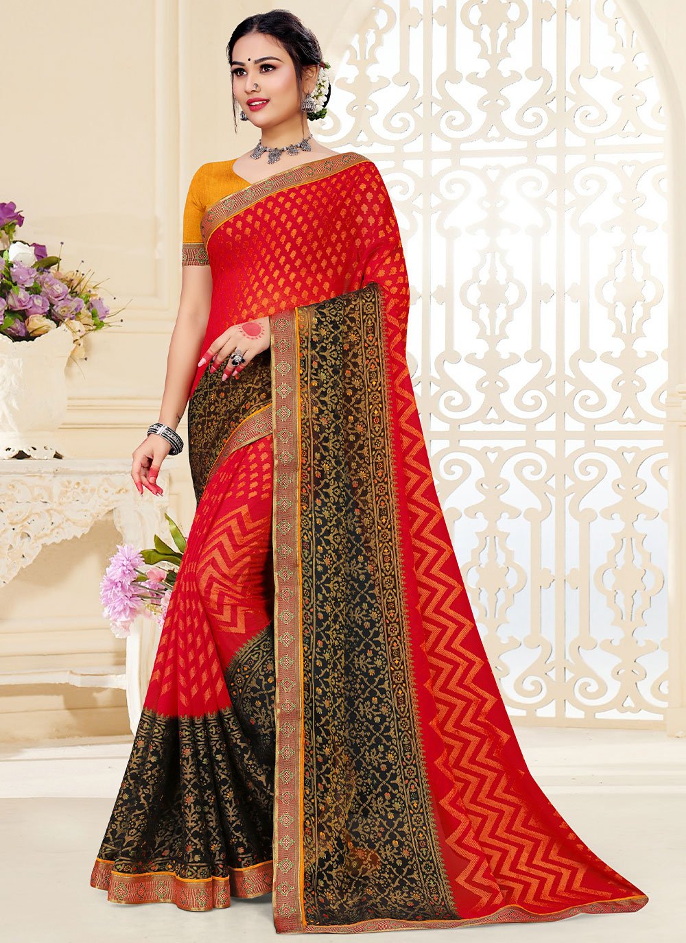 Classic Brasso Fancy Fabric Red Patch Border Saree